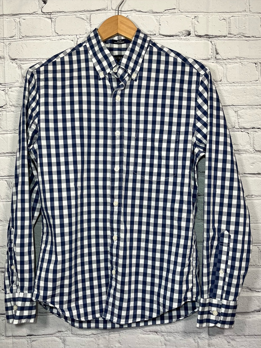 J. Crew Slim Untucked Button Up Shirt Men's Small Blue Plaid Stretch Cotton